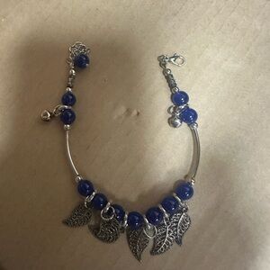 Blue Beaded‎ Silver Leaf Necklace
